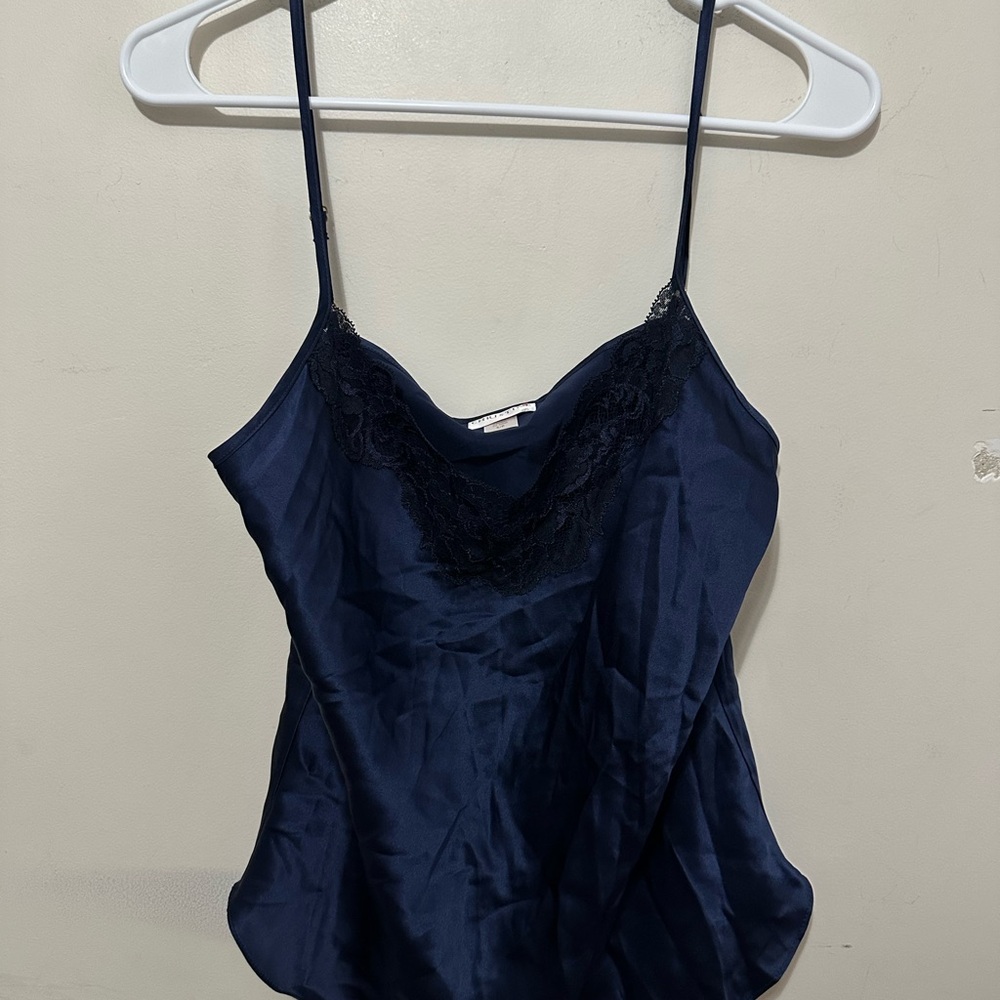 Christine Elegant Silk Navy Lace Trim Cami Top Women’s Size S/Petite